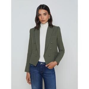 L’Agence 18 Brooke Open Front Blazer Beetle Green Tweed Double Breasted